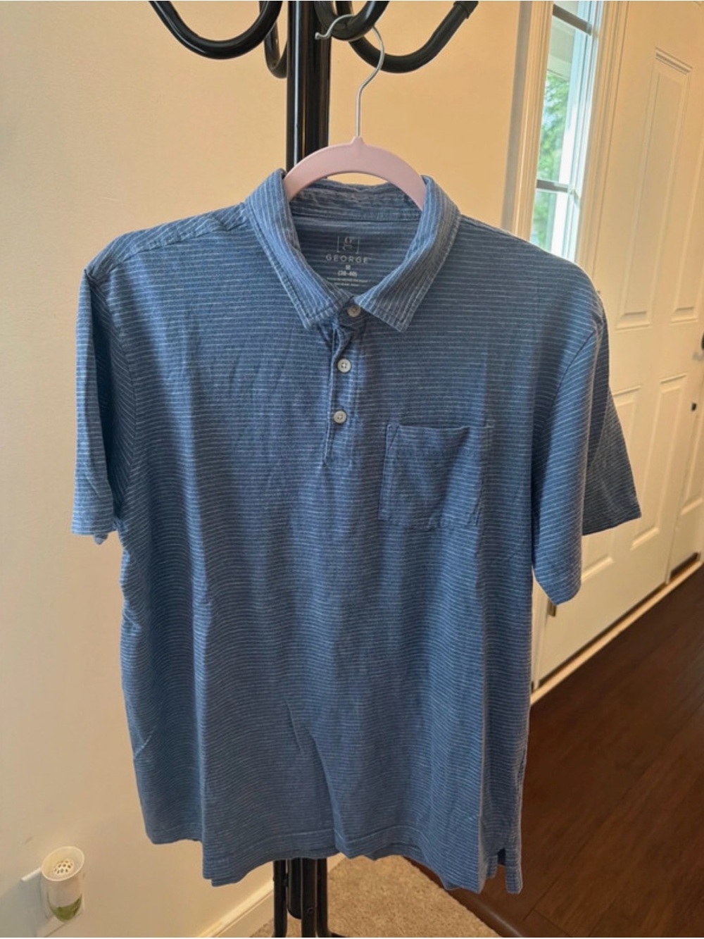 George Men's Heathered Blue Striped Polo with Pocket